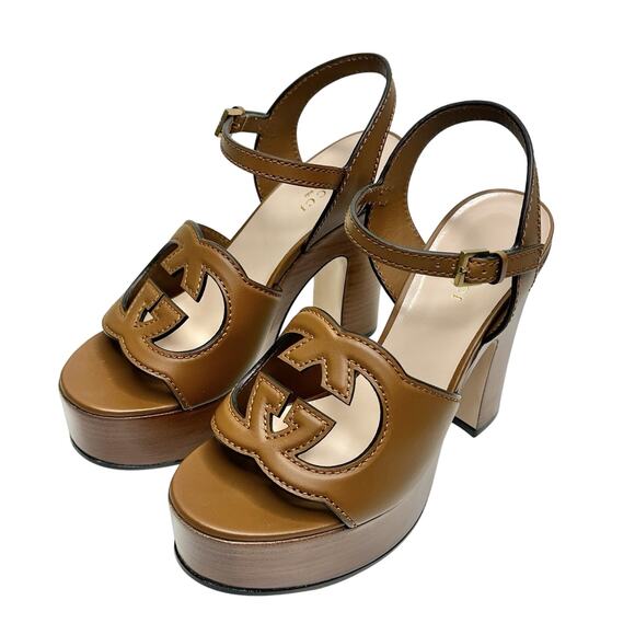 Gucci Cutout Interlocking G 36.5/ US 6.5 Platform Sandal Dark Brown Leather NIB - Picture 7 of 15